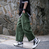 Wiaofellas  -  Retro Japanese Green Work Pants Men Summer Thin Loose Straight Leg Wide Leg Cityboy  Color Nine Point Casual Trousers
