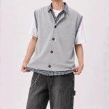 Wiaofellas  -  American Plaid Knitted Shirt Summer Short Sleeve Fake Two-Piece Design Korean Casual Top for Teenagers in Daily Wear