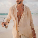 WIAOFELLAS  -  Cotton Linen Shirt Men's Vintage Stand Collar Buttoned Tops Beach Loose Shirts For Men Loose Solid Half Sleeve Casual Clothes