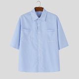 Wiaofellas  -  Men Striped Shirt Lapel Short Sleeve Button Casual Men Clothes Streetwear Summer Loose Fashion Tops For Man Shirts