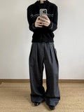 WIAOFELLAS  -  Casual Commute Wide Leg Pants Men Women A-Line Pleated Design Texture Stripes Polyester Blend Low Waist Zipper Fly