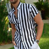WIAOFELLAS  -  Man Stylish Button Blouse Summer Casual Tops Fashion Striped Men Shirts Short Sleeve Stand Collar Shirt