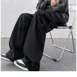 WIAOFELLAS  -  Spring Autumn Solid Color Elastic Pockets Men's Clothing High Waisted Loose Boyfriend Wide Leg Trousers Cargo Cropped Pants