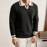 Wiaofellas  -  Men's Classic Contrast Trim Collar Long Sleeve Knit Pullover Polo Shirt Ribbed Knit Fabric Casual Top For Autumn Daily Occasions