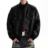 WIAOFELLAS  -  Vintage Texture PU Leather Jacket Men Spring Streetwear Fashion Mens Cropped Jacket Coat Stylish Stand Collar Leather Coats