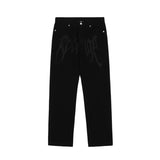 Wiaofellas New Four Seasons Y2K Men Fashion Black Street Embroidery Low Cut Loose Jeans Straight Pants Hip Hop Jeans Men Pants Clothes Men