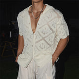 WIAOFELLAS  -  Sexy Mens Hollow Out Knit Shirt Vintage See Through Breathable Knitting Shirts Men Summer Stylish Solid Color Short Sleeve Tops