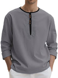 WIAOFELLAS  -  95% Linen Shirt Mens Patchwork Henry Collar Long Sleeved Pullover Top Spring Autumn Casual loose sports shirts Tee Streetwear