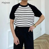 WIAOFELLAS  -  T-shirts Men Simple Mature Daily Casual Summer Striped Fashion Breathable All-match Korean Style Shinny Cozy Soft Handsome New
