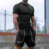 WIAOFELLAS  -  Versatile New Sports Tight Round Neck Short-sleeved Pullover and Three-quarter Shorts Men's Running Fitness Clothing Set