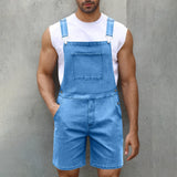 WIAOFELLAS  -  Men Jeans Short Overalls Solid Washing Pocket Mid Waist Rompers One Piece Trousers Casual Wear