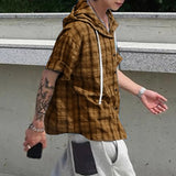 WIAOFELLAS  -  Men Plaid Shirt Hooded Short Sleeve Loose Casual Men Clothing Summer Korean Style Streetwear 2025 Male Shirts Tops S-5XL