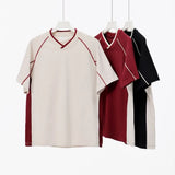 WIAOFELLAS  -  Retro 260g Contrasting Lines V-neck Short-sleeved T-shirt Men's Trendy Brand Loose Design T-shirt Top