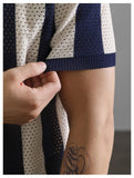 WIAOFELLAS  -  New Chic Striped Polo Shirt Light Luxury Hollow Out Knitted T-shirts Korean Style Zipper Short Sleeve Tops Breathable Knitwear