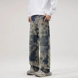 Wiaofellas  -  Brand New Mosaic Jeans Mens Chessboard Pattern American Streetwear Straight Leg Wide Leg Jeans Man Casual Clothing