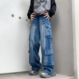 WIAOFELLAS  -  Vintage Patchwork Plaid Cargo Jeans Men Women Baggy Denim Trousers Streetwear Hip Hop Multi-Pockets Safari Style Casual