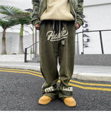 WIAOFELLAS  -  Street Towels Embroidered Loose Sports Pants Korean Version Trendy Hip-hop Retro Couple Casual Pants Men and Women