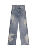 WIAOFELLAS  -  Autumn Men's Dove Of Peace Appliques Embroidered Jeans New Y2K Vintage Straight Baggy Denim Pants Washed Streetwear Blue Jean