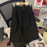 Wiaofellas  -  Black Men's Suit Pants Casual Straight Leg Short Trousers Summer Season Polyester Fabric Drapey High Waist No Belt
