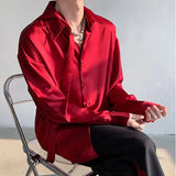 WIAOFELLAS  -  Fashion Men's Solid Color Ribbon Turn Down Collar Shirts Trendy Long Sleeves Single-breasted Tops Male Summer