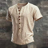 Wiaofellas  -  Retro Solid Color Mens Linen Tops Summer Casual Short Sleeve Button-up Henley Neck T Shirts For Men Daily Leisure Loose Pullover