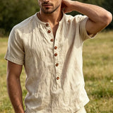 Wiaofellas  -  Retro Solid Color Mens Linen Tops Summer Casual Short Sleeve Button-up Henley Neck T Shirts For Men Daily Leisure Loose Pullover