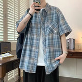 Wiaofellas  -  Trendy Summer Elegant Short Sleeve Plaid Shirt Men's American Casual Oversized Pocket T Shirts Y2K Streetwear Camisas