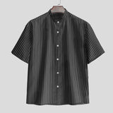 WIAOFELLAS  -  Men Striped Shirt Summer Stand Collar Short Sleeve Casual Men Clothing Streetwear 2025 Fashion Loose Male Shirts S-5XL
