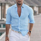 Wiaofellas  -  Men's Spring And Summer Cotton Linen Shirts New Men's Solid Color  Long Sleeve Shirt Loose Lapel Casual Beach Style Shirt
