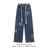 Wiaofellas  -  Autumn New Star Embroidery Burrs Patchwork Jeans Fashion Streetwear Loose Straight-leg Denim Pants for Men and Women 5XL-M
