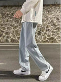 WIAOFELLAS  -  Light Blue Men's Jeans Straight Leg Casual Pants Thin Summer Loose Fit Dstring High Waist Denim Cotton Polyester Blend