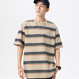 Wiaofellas  -  Summer new fashion men's retro striped short sleeve T-shirt Fashion loose bf style casual T-shirt