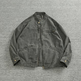 WIAOFELLAS  -  Vertical collar button-down tooling biker jacket men's texture granular bead canvas woven vintage casual Detroit jacket