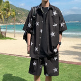 Wiaofellas  -  Summer Two-piece Men's Sets Shirt and Shorts Star Print Thin Silky Leisure Suit Clothes Oversize Outfits Male Black White