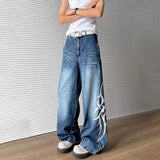 WIAOFELLAS  -  Vintage Summer Men's Irregular Striped Print High Street Denim Pants Fashion Casual Loose Wide Leg Jeans Male