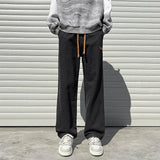 WIAOFELLAS  -  Men's Spring Autumn Solid Pockets Bandage with Elastic High Waist Pockets Casual Loose Wide Leg Trousers Office Lady Pants