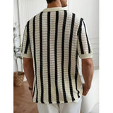 WIAOFELLAS  -  Summer New Men Knitted Shirt Lapel Casual Tees Shirts Business Social Striped Hollow Out Knit Cardigan Men Clothing Steetwear