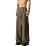 Wiaofellas  -  American Retro Brown Casual Drapey Wide Leg Pants Loose Fit Design Sense Straight Cut Long Trousers Polyester Fabric