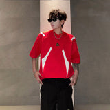 WIAOFELLAS  -  Fashion Men's Spliced Metal Contrast Color Shoulder Pads T-shirts Trendy Short Sleeves O-neck Tops Male 2025 Summer