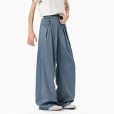 WIAOFELLAS  -  simple men's casual trousers pleated design new solid color wide leg bottom loose straight thin male pants summer