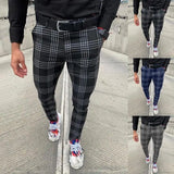 WIAOFELLAS  -  Plus Size S-3XL Men Pants Spring Summer Autumn  Casual Cotton Plaid Slim  Skinny  Long Business Chinos Slacks  Pants Black Gray