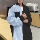 WIAOFELLAS  -  Men Shirt Striped Patchwork Lapel Long Sleeve Men Clothing Streetwear Korean Style Fashion Oversize Shirts Casual Tops