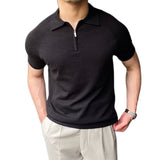 Wiaofellas  -  New Men Urban Business Knitted Polo Shirt Luxury Slim-fit Half-zipper T-shirts Solid Color Short Sleeve Breathable Stretchy Tops