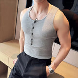WIAOFELLAS  -  Summer Button Sleeveless T-shirts for Men Fitness Gym Slim Fit Mens Tank Tops Sweatshirt Jogging Tracksuit Elastic Tee Tops Man