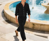 Wiaofellas  -  Spring and Autumn Men's Casual Linen Loose-fitting Breathable Suit, Fashionable and High-quality Long-sleeved Shirt, Long Pants