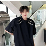 WIAOFELLAS  -  Stylish Men's T-shirts Metal Buckle Patchwork Round Collar Solid Color Niche Tops Short Sleeved Loose Male Tees