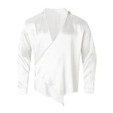 Wiaofellas  -  New Satin Smooth Men's Shirt, Fashion Business Casual Irregular V-neck Shirt, Comfortable Breathable Men's Shirt