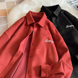 WIAOFELLAS  -  New Men Shirt Letter Printed Suede Long Sleeve Turn Down Collar Shirts Korean Streetwear Fashion Man Women Couple Coat
