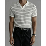 Wiaofellas  -  British Style Polo Shirt Men's Fashion Lapel Business Casual Knitted Short Sleeved T-shirt Striped Social Office Polo Shirts