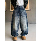Wiaofellas  -  Unisex Vintage Crack Lightning Print Baggy Jeans High Waist Curved Banana Wide Leg Loose Oversized Streetwear Denim Trousers
